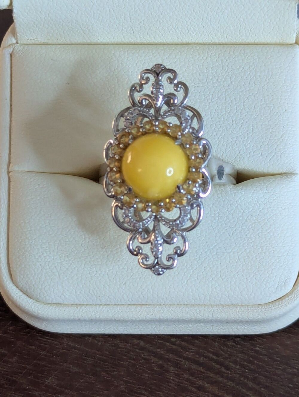 Sterling Silver Baltic Amber Cocktail Ring - Yellow, Amber, Citrine, Size 11